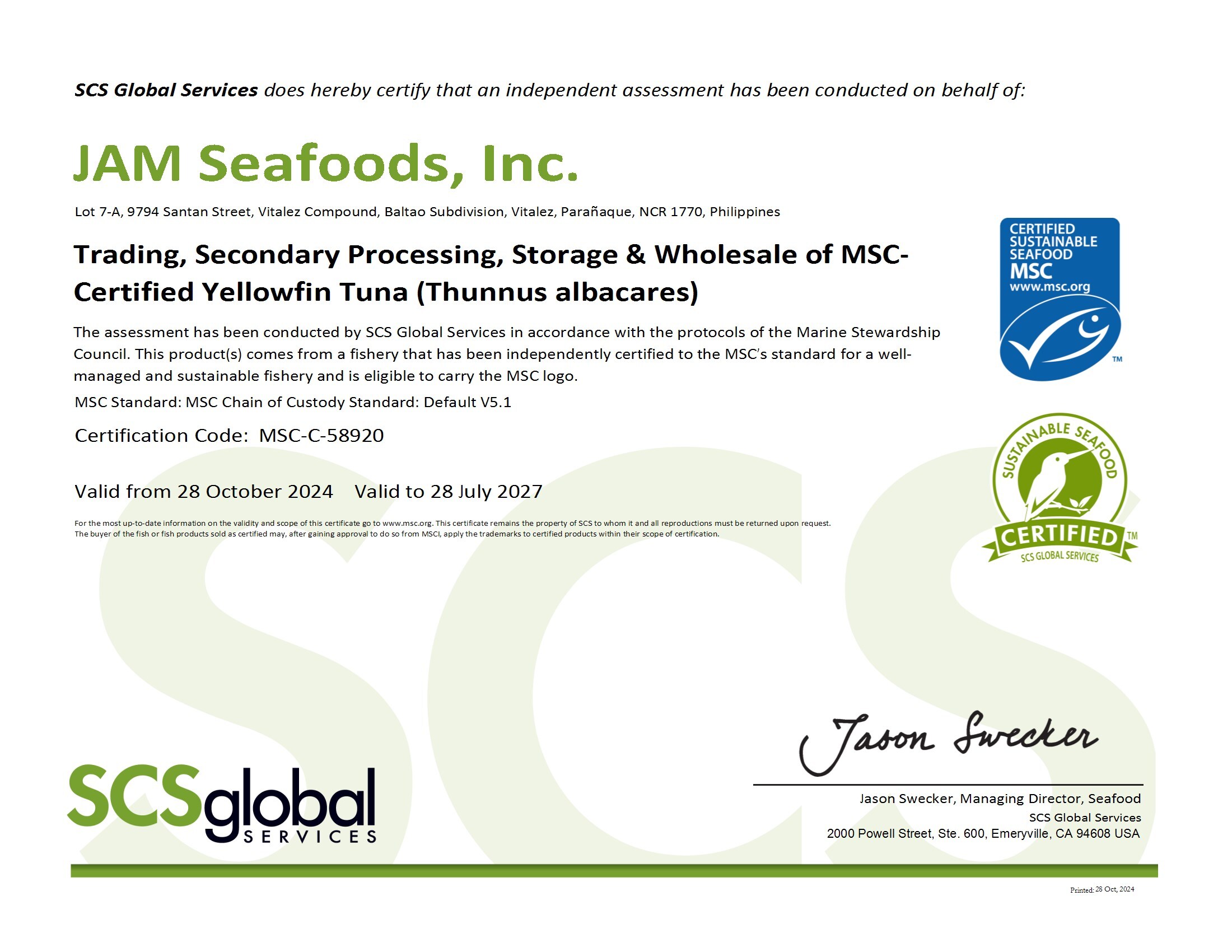 MSC zetifikat Jam Seafoods Inc. 202-2027